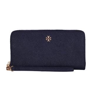 【TORY BURCH】Emerson 金屬LOGO 防刮皮革拉鏈手拿長夾(深藍色)