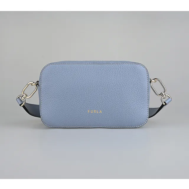 【FURLA 芙拉】FURLA Primula系列立體金屬拱門造型LOGO荔枝紋設計小牛皮拉鍊斜背包(迷你/深粉藍)