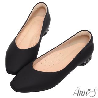 【Ann’S】細膩磨砂牛皮真皮鑽石鞋跟平底包鞋(黑)