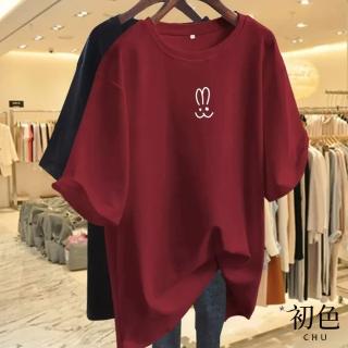 【初色】現貨 長版短袖圓領兔子印花T恤上衣-共6色-33121(M-3XL可選/快速出貨)