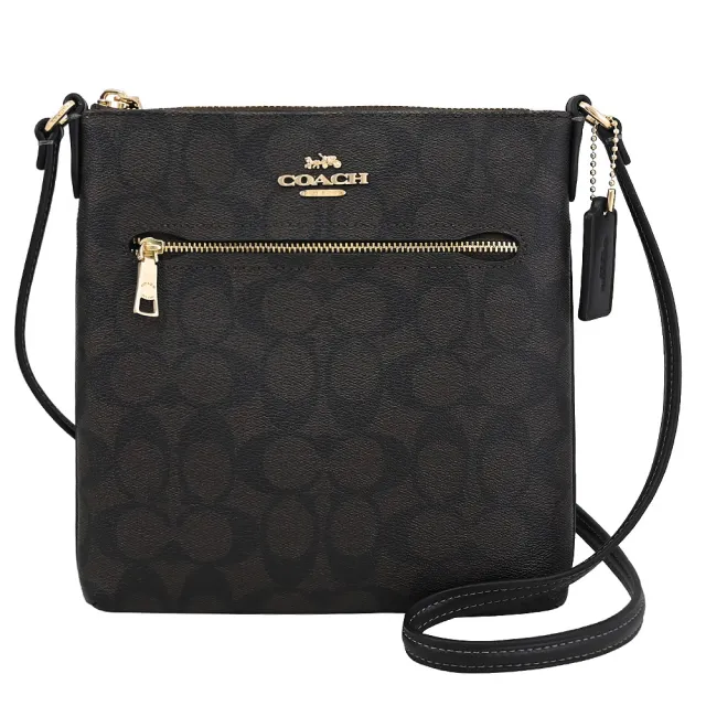 【COACH】經典金屬LOGOC字印花拼接方包斜背包(深咖/黑)