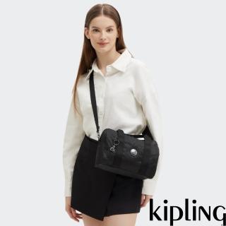 【KIPLING官方旗艦館】經典深黑提花中型圓筒手提肩背兩用包-BINA M