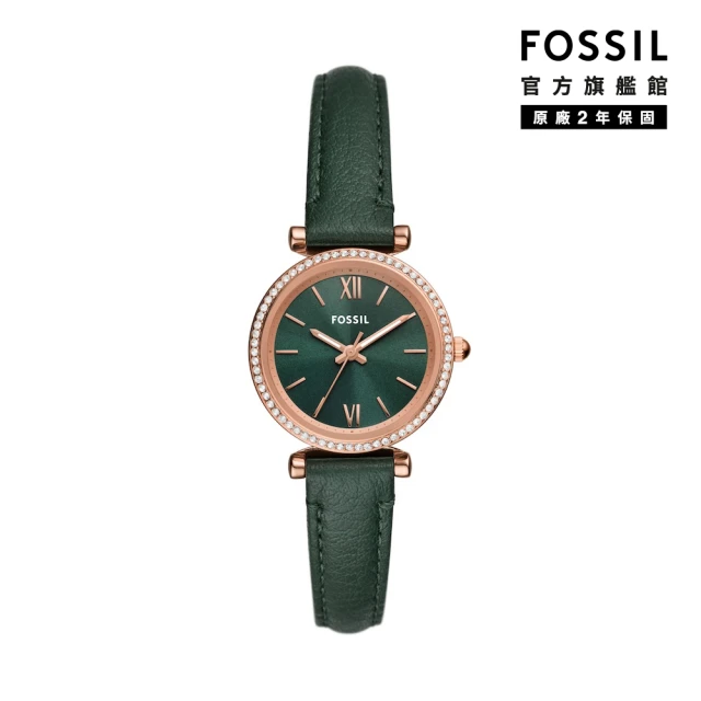 FOSSIL 官方旗艦館 Carlie 雅致松綠環鑽女錶 綠色真皮錶帶手錶 28MM ES5370