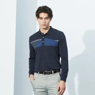 【pierre cardin 皮爾卡登】男款 吸濕排汗胸前印花長袖polo衫-丈青色(3225201-38)