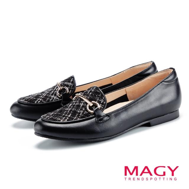【MAGY】馬銜釦牛皮樂福平底鞋(壓紋黑)