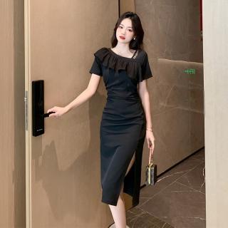 【Very Buy 非常勸敗】預購/設計感收腰顯瘦荷葉邊洋裝夏季不規則開叉長裙黑裙