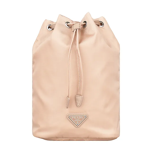 【PRADA 普拉達】PRADA三角銀牌LOGO束口尼龍手提化妝包(米)