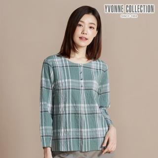 【YVONNE 以旺傢飾】皺皺格紋半開襟長袖上衣-綠