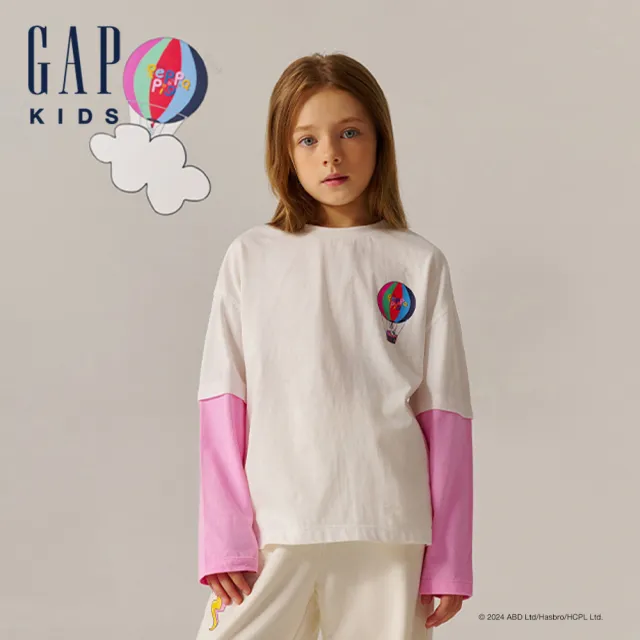 【GAP】兒童裝 Gap x 佩佩豬聯名 Logo純棉印花圓領長袖T恤-白色(637109)