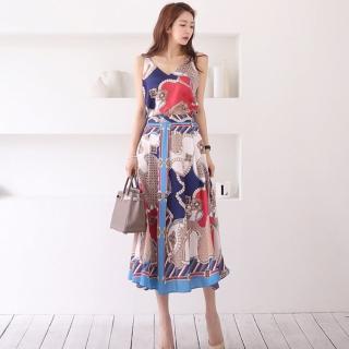 【Very Buy 非常勸敗】預購/御姐風兩件式套裝夏韓版氣質V領吊帶上衣時尚印花大擺裙套裝