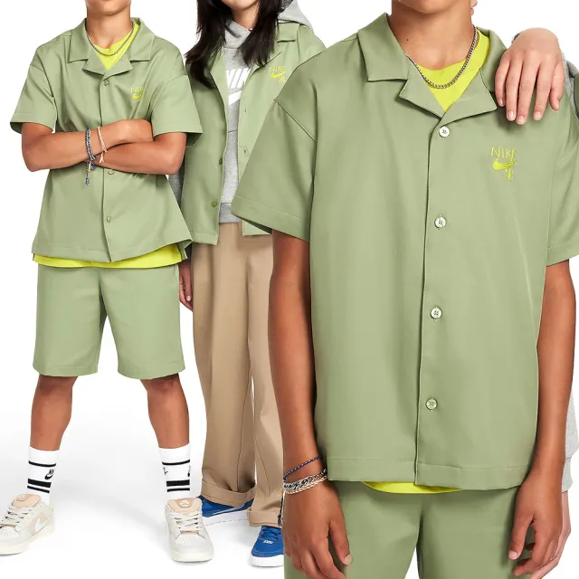 【NIKE 耐吉】K SB DF BWLNG SHIRT 童裝 大童 綠色 古巴領 休閒 短袖 襯衫 FV0406-386