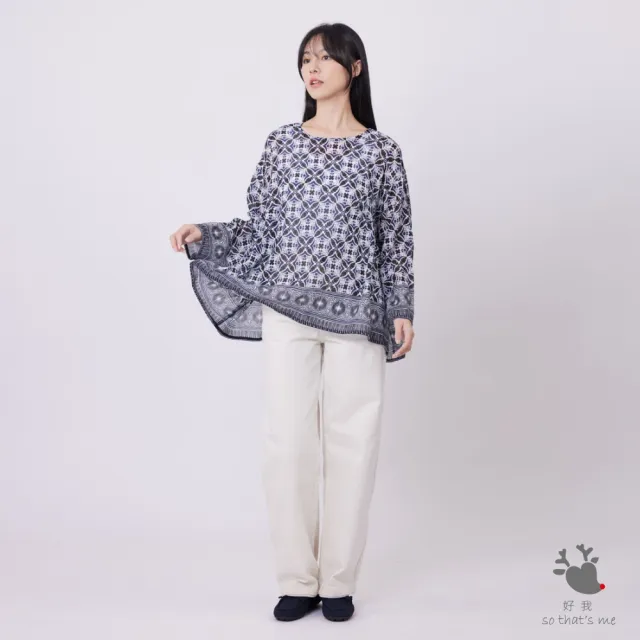 【so that’s me 好我】Charlene度假透紗印花寬擺抓褶上衣(藍黑)