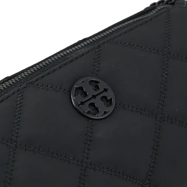 【TORY BURCH】簡約雙T LOGO格紋拼接鍊包圓筒包斜背包(黑)