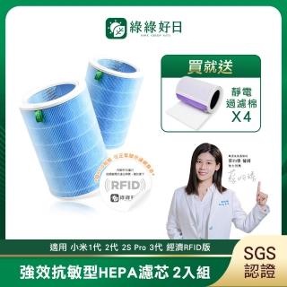 【綠綠好日】適用 小米 1代 2代 2S Pro 3代 HEPA抗菌濾芯/濾網 2入(含RFID 藍色 經濟版 濾棉x4)