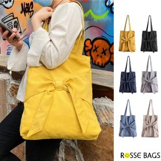 【Rosse Bags】休閒文青設計蝴蝶結帆布托特包 肩背包(黃色／灰黑色／藏青色／灰色／淺藍色／米色)