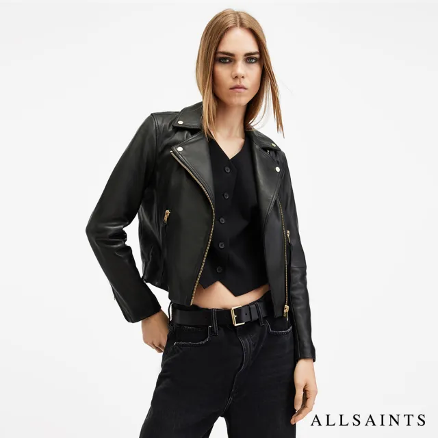 【ALLSAINTS】DALBY 簡約經典羊皮寬鬆騎士皮衣-黑金 W086LB(修身版型)