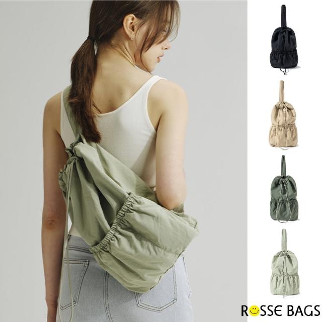 【Rosse Bags】日系簡約休閒外出繩抽式斜背包 肩背包(現+預  黑色／卡其色／淺綠色／深綠色)