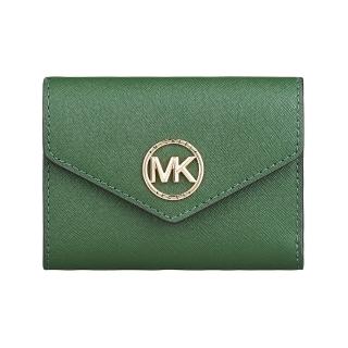 【Michael Kors】MK MICHAEL KORS Carmen金字圓標LOGO防刮牛皮4卡扣式零錢短夾(亞馬遜綠)