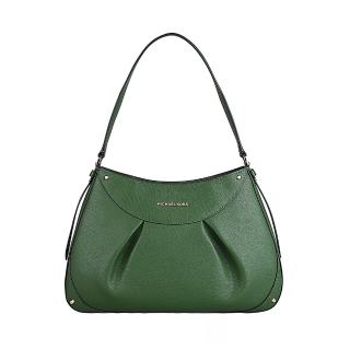 【Michael Kors】MK MICHAEL KORS Enzo經典立體金字字母LOGO圓弧形褶皺線條設計牛皮拉鍊肩背(中/亞馬遜綠)
