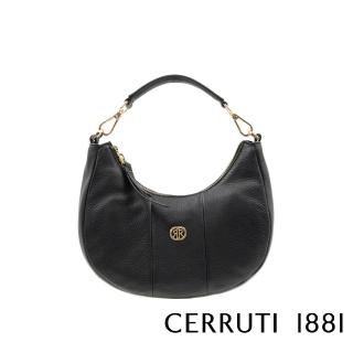 【Cerruti 1881】義大利原裝進口 頂級小牛皮半月包馬鞍包肩揹包側揹包(黑色 CEBA06584M)