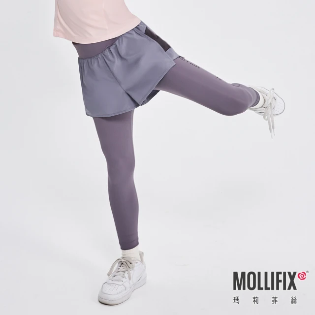 Mollifix 瑪莉菲絲 拼網透氣雙層訓練褲_KIDS、訓練褲、瑜珈服、Legging(日暮灰)