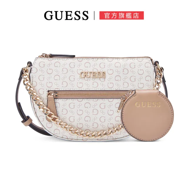 【GUESS】滿版印花金鍊LOGO弧形肩背 子母包(白)