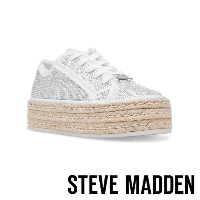 【steve madden】BUNGALOW-R 厚底草編鑽面休閒鞋(白色)