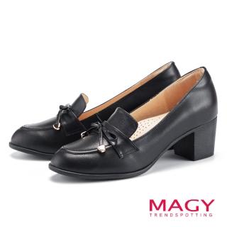 【MAGY】古典蝴蝶結真皮粗中跟鞋(黑色)