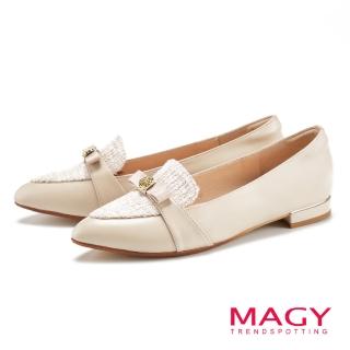 【MAGY】復古毛呢拼接牛皮尖頭樂福平底鞋(米色)