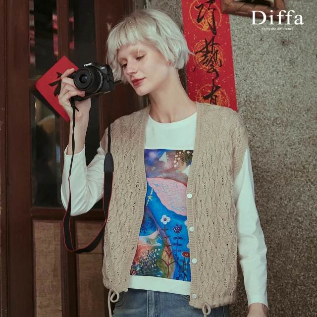 Diffa 菱格拐花背心式線衫外套-女