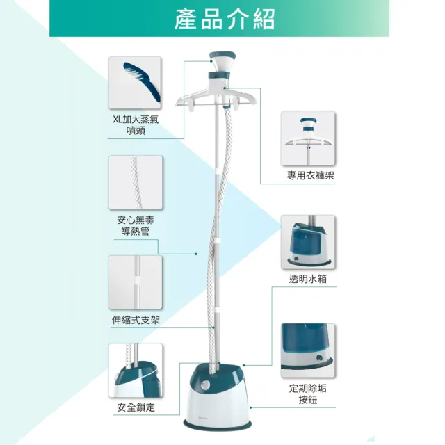 【Philips 飛利浦】直立五段式蒸汽掛燙機 寶石藍/GC518