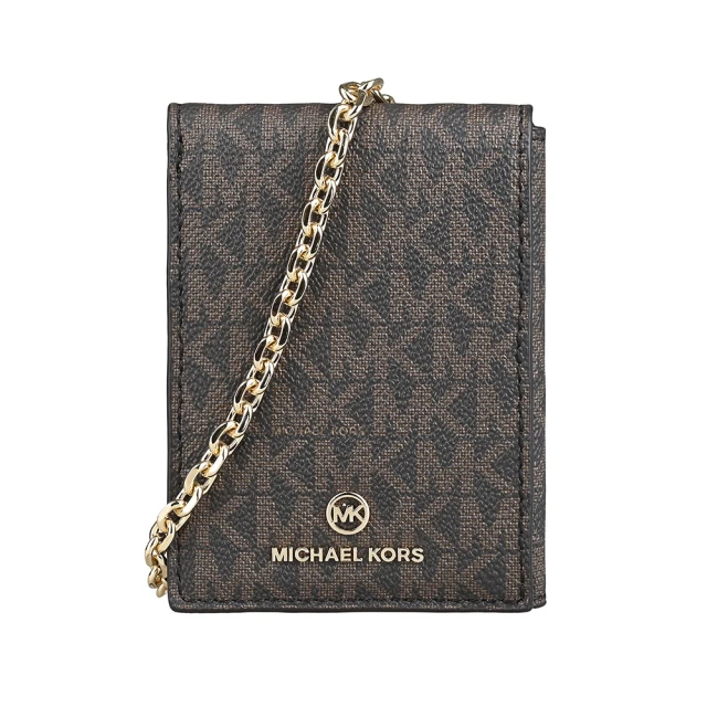 Michael Kors MK MICHAEL KORS Jet Set圓形字母LOGO印花PVC牛皮 6卡三折釦式鏈帶卡夾包(深棕x橡子棕)