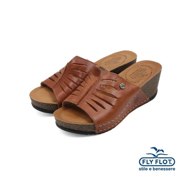 【FLYFLOT】經典皮質厚底增高羅馬涼拖鞋 棕色(33B10-TAN)