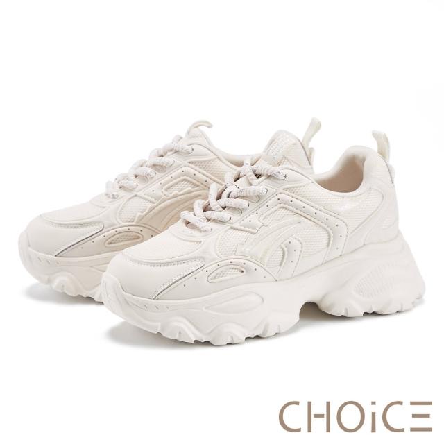 【CHOiCE】異材質拼接透氣厚底綁帶老爹鞋(白色)