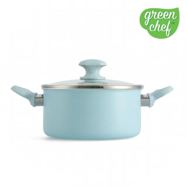 【GreenPan】GreenChef 鑽石陶瓷塗層不沾雙耳湯鍋 Sandstone 20cm 粉彩藍(含蓋/不挑爐具/不沾鍋/陶瓷)