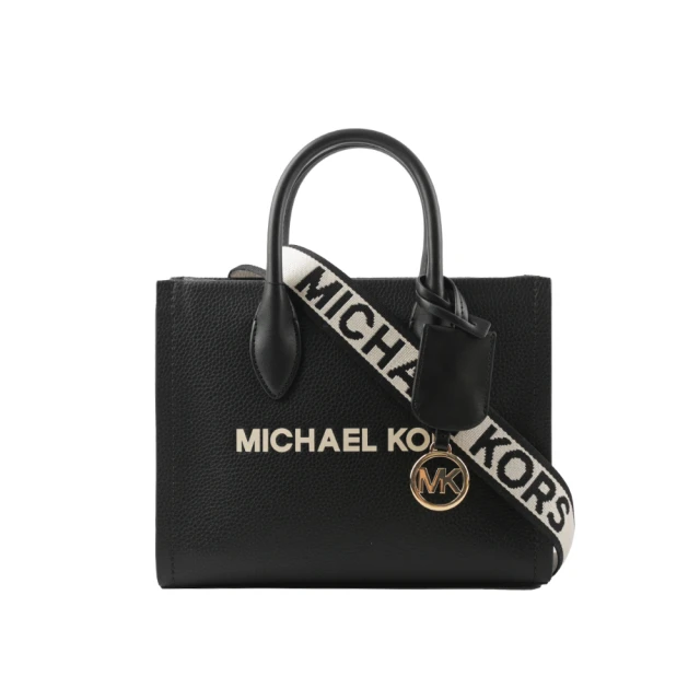 Michael Kors Mirella 荔枝皮革刺繡背帶小款二用托特包(黑色)