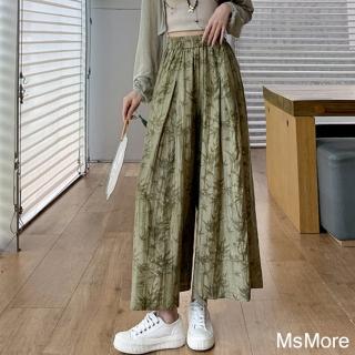 【MsMore】浮雕絲棉麻感裙褲國風新中式百褶鬆緊高腰闊腿八分A字半身#122023(白/灰/黃/綠)