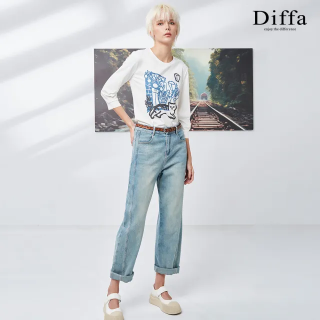 【Diffa】復古刷色牛仔長褲-女(丹寧)