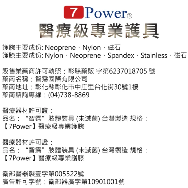 【7Power】醫療級專業護腕1入+護膝1入超值組(5顆磁石/左右通用/透氣涼爽)