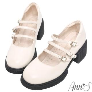 【Ann’S】小眾變大眾-復古皮革三條細帶厚底圓頭瑪莉珍樂福鞋6cm(米白)