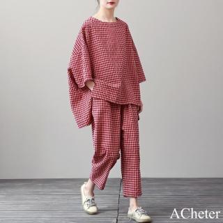 【ACheter】大碼七分袖方圓領棉麻感九分褲套裝寬鬆文藝復古格子2件式#122868(黑/紅)