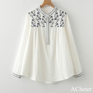 【ACheter】民族風刺繡小立領雙層棉紗襯衫長袖休閒百搭純棉短版上衣#122749(白)