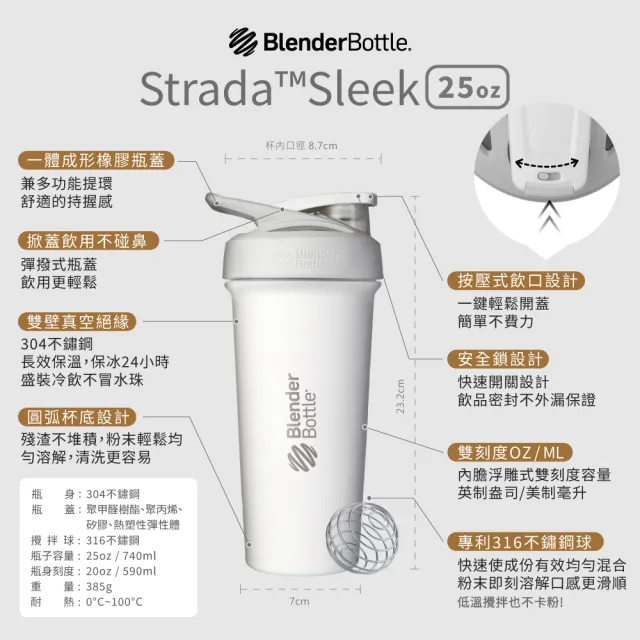 【Blender Bottle】Sleek不鏽鋼｜限量款 按壓防漏水壺 25oz/740ml(BlenderBottle/Strada/運動水壺/冰霸杯)