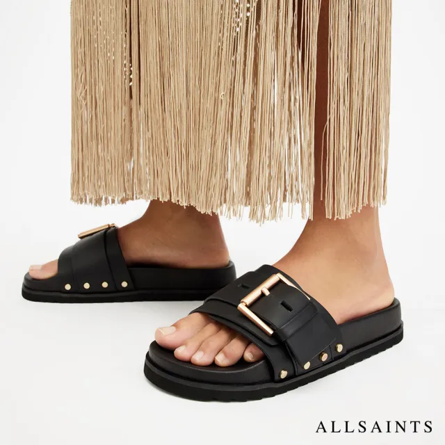 【ALLSAINTS】ELLIE 鉚釘牛皮拖鞋-黑 W029FA(女款)