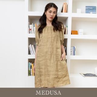 【MEDUSA 曼度莎】現貨-泡泡袖圓領亞麻休閒洋裝（M-XL）｜短洋裝 涼感亞麻洋裝(305-72406)