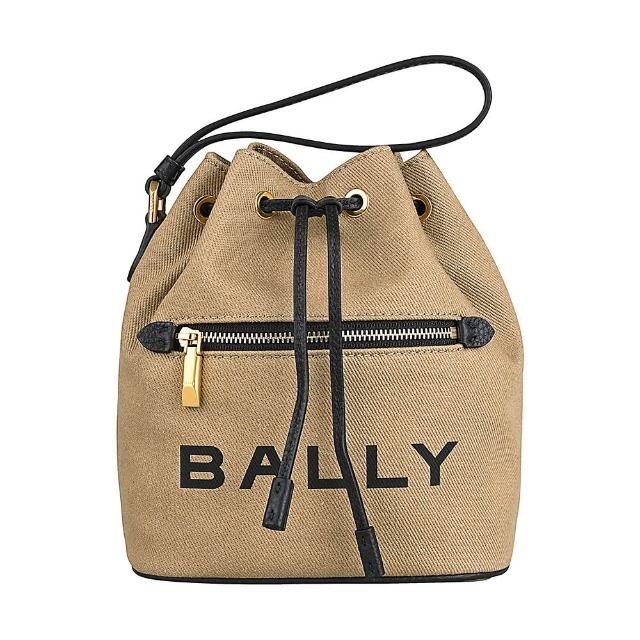 【BALLY】BALLY BAR燙印LOGO織布抽繩束口手提水桶包(沙漠棕)