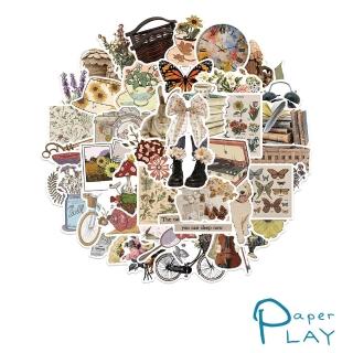 【Paper Play】創意多用途防水貼紙-卡通復古風鄉村花草物件塗鴉 50枚入(防水貼紙 行李箱貼紙 手機貼紙)