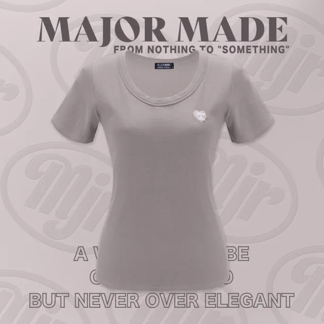 【MAJOR MADE】圓領包邊愛心刺繡彈力短T(短袖上衣/短T/素T)