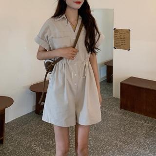 【D.studio】韓版收腰顯工裝套裝(連衣裙寬褲連身衣襯衫短袖上衣 工作服衣服工裝服夏天女裝短褲 S197)
