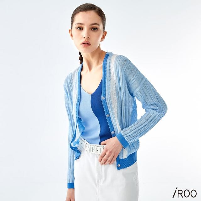 【iROO】配色緹花開襟針織外套